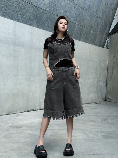 Raw Fringe Wide Denim Shorts